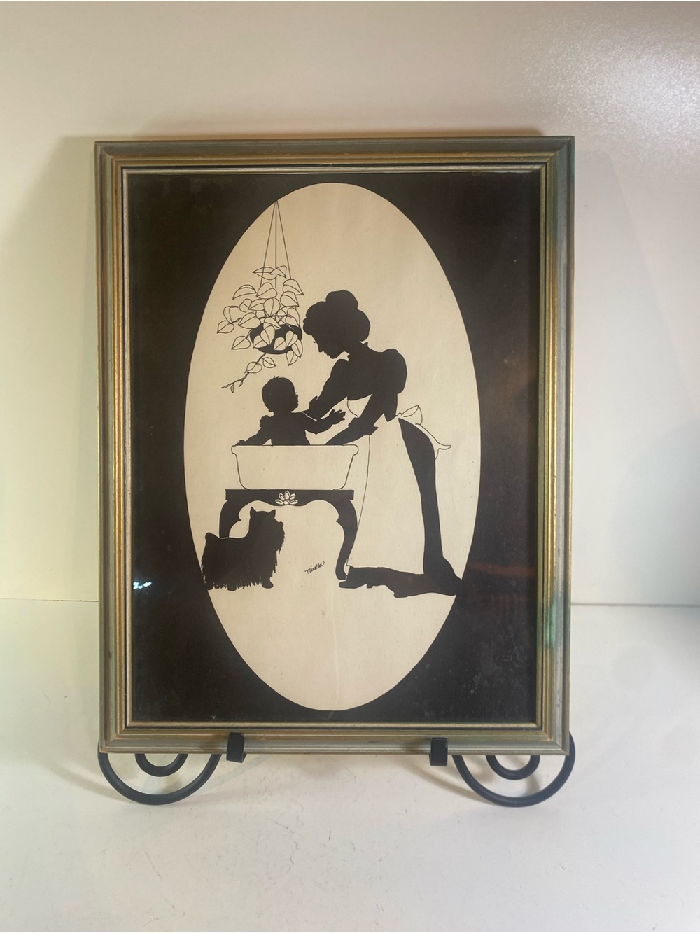 Vintage Framed & Matted Silhouette Mother & Child Print, Artist Mirella